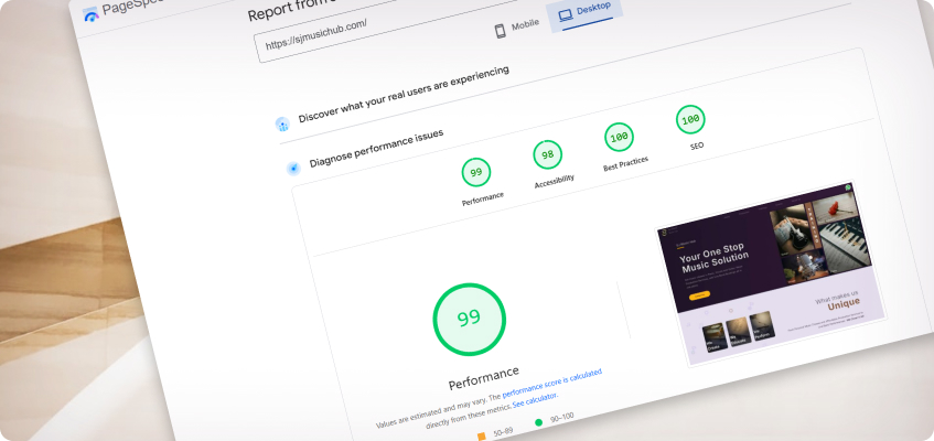 Screenshot showing 98% performance of one of our client's website